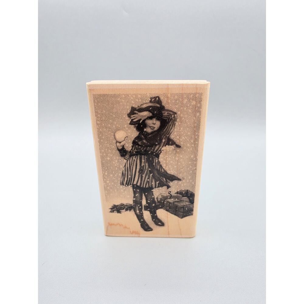 Paper Inspirations Rubber Wooden Stamp Girl With Snowball K9414 Vintage NEW